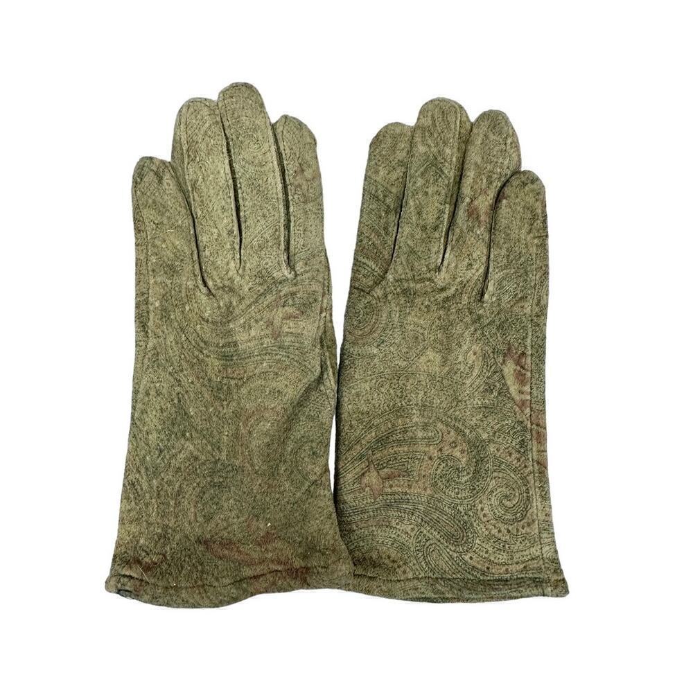VTG Van Raalte Sueded  Leather Gloves Paisley Sz M Pale Green 1970s